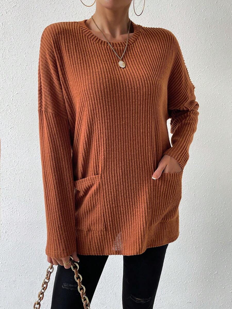 SHEIN Essnce 女式寬鬆落肩羅紋 T 卹 - 咖啡棕 - 查看 1