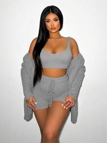 VaVaBold 3入組實色針織上衣和開襟短褲套裝,夏季穿搭 - 深灰色 - 查看 1