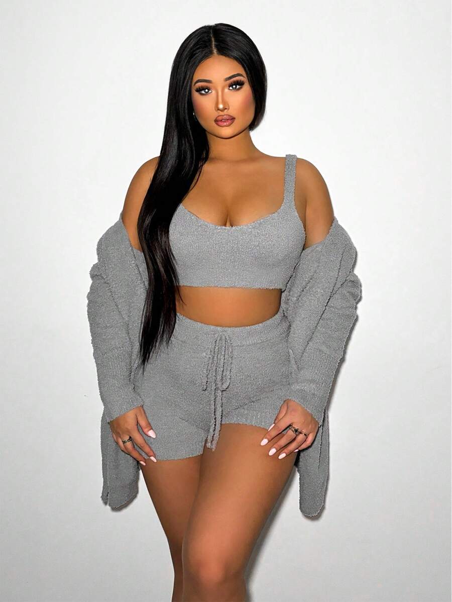 VaVaBold 3入組實色針織上衣和開襟短褲套裝,夏季穿搭 - 深灰色 - 查看 1