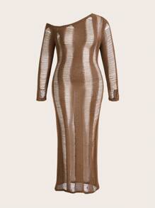 ROMWE PUNK Plus Asymmetrical Neck Ripped Sweater Dress Without Lingerie Set - Coffee Brown - View 1