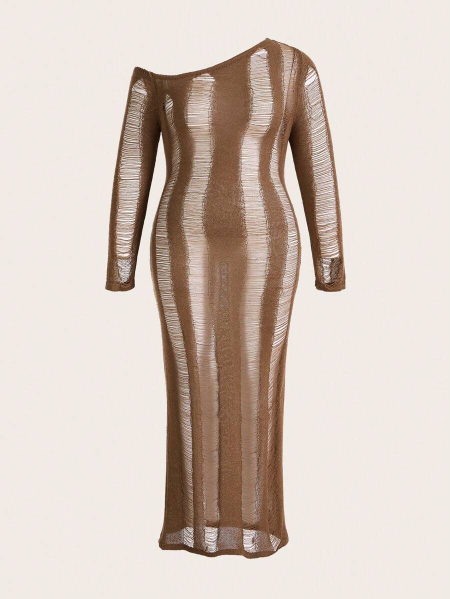 ROMWE PUNK Plus Asymmetrical Neck Ripped Sweater Dress Without Lingerie Set - Coffee Brown - View 1