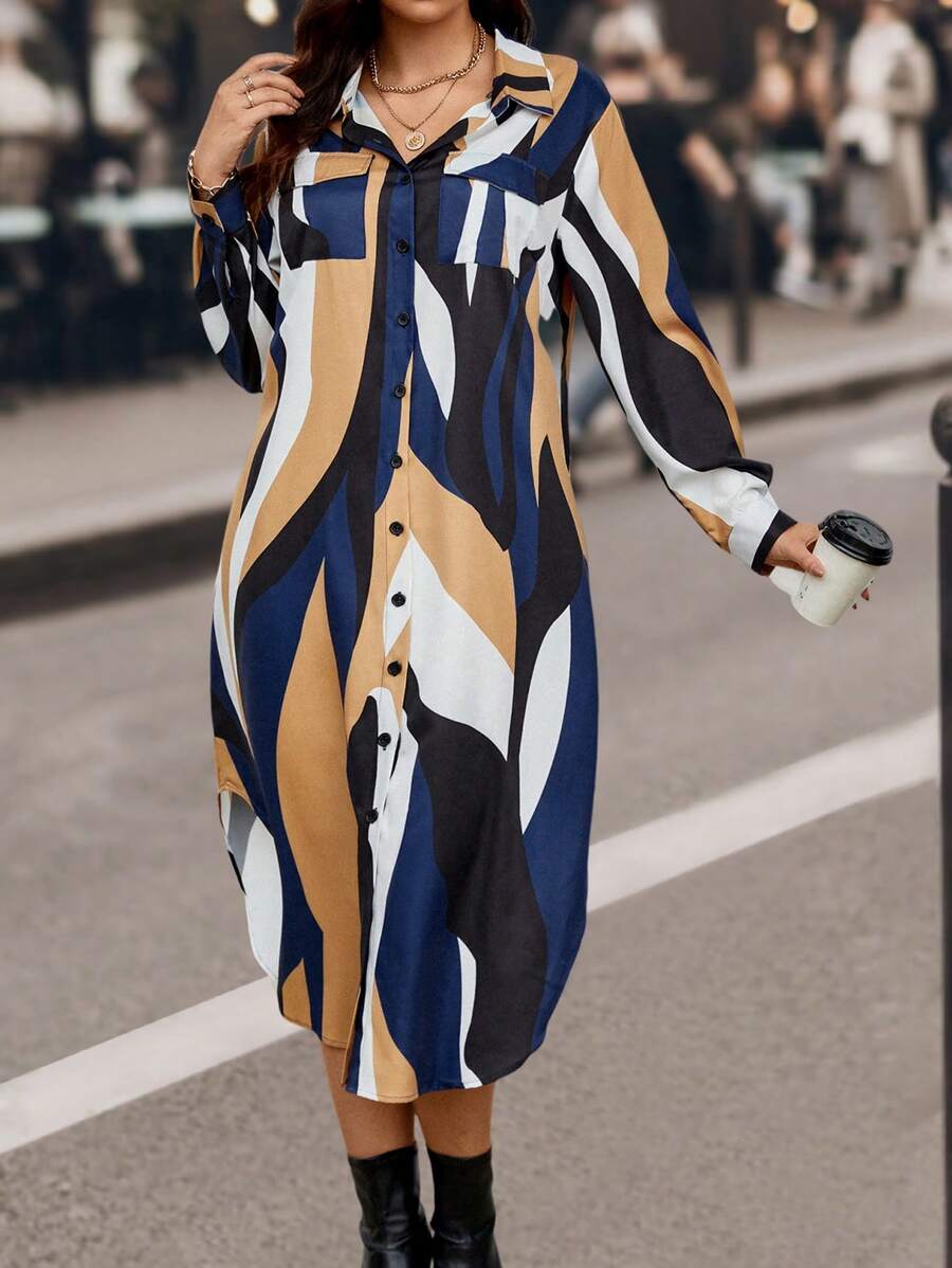 SHEIN LUNE Plus Size All-Over Button-Down Shirt Dress - Multicolor - View 1