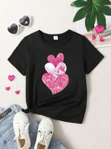 SHEIN Young Girls' Pink Heart Pattern Short Sleeve T-Shirt With Round Neckline - Black - View 1