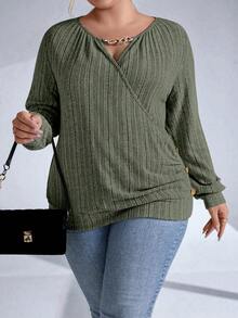 Calvaya Áo nỉ dài tay quấn chéo trơn cỡ lớn - xanh quân đội - Xem 3