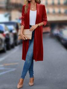 SHEIN Clasi Shawl Collar Open Placket Velvet Jacket - Red - View 6