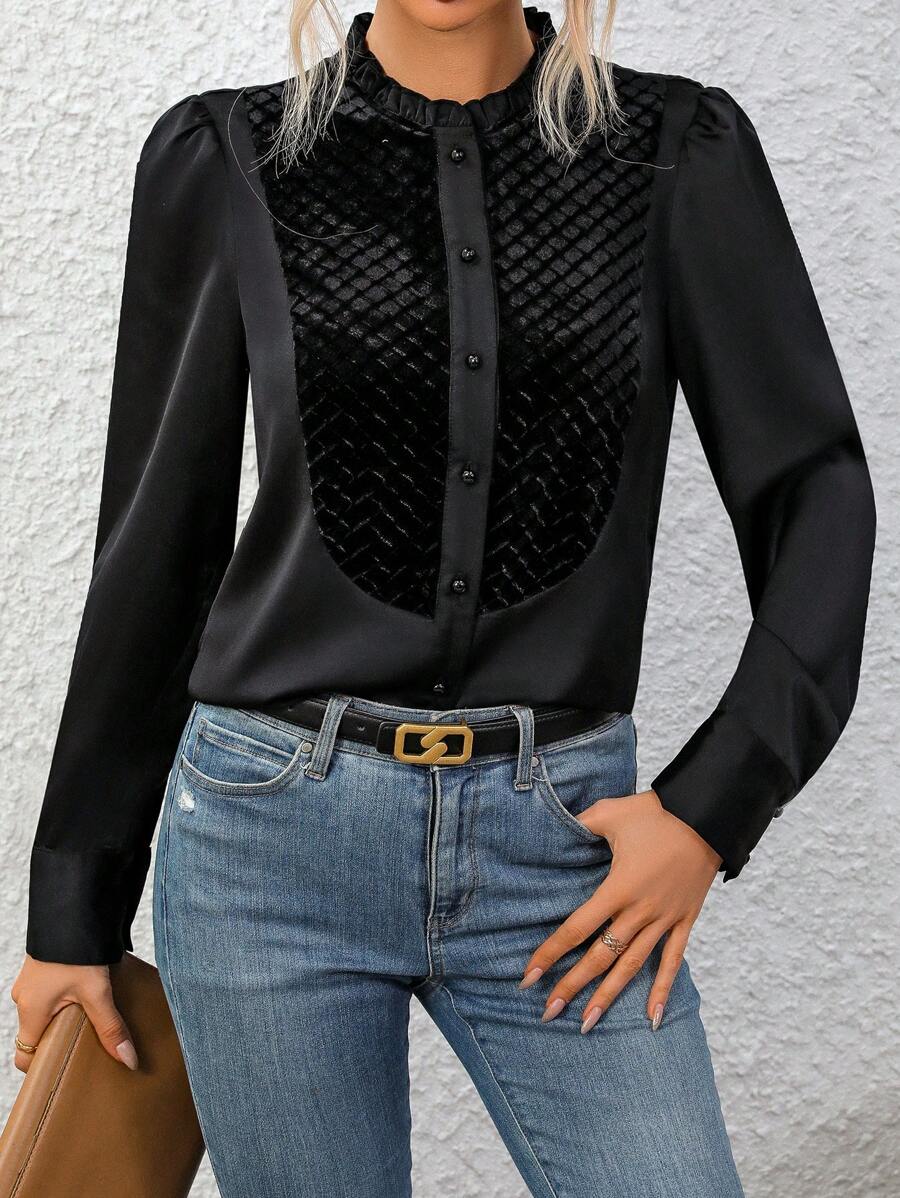 SHEIN Clasi Của phụ nữ Đen Áo sơ mi Với Ren cổ áo - màu đen - Xem 1