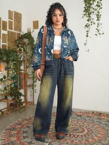 ROMWE PUNK Kích thước lớn Bản in Mặt trời và Mặt trăng Dây kéo Hoodie - Nhiều màu - Xem 5