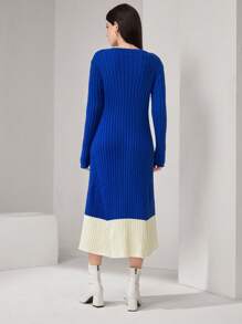Seusyu Của phụ nữ Màu tương phản Sọc Đầm Áo len - Xanh và trắng - Xem 2