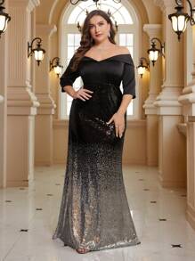 SHEIN Belle 女士加大码露肩渐变亮片晚礼服优雅正式舞会婚礼宾客礼服，适合毕业典礼、晚宴派对礼服 - 彩色 - 查看 3