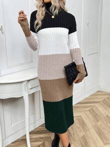 SHEIN LUNE Women's Colorblock High Neck Sweater Dress - Multicolor - View 4