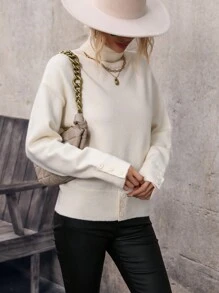 SHEIN LUNE High Neck Drop Shoulder Knit Pullover Fall Winter Sweater - Beige - View 5