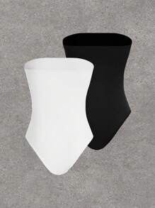 SHEIN EZwear 2 件/套纯色无肩带塑身衣紧身衣无缝丁字裤塑身衣女士收腹修身紧身衣