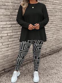 EMERY ROSE Plus Size Green Solid Color Long Sleeve T-Shirt & Camouflage Pants 2pcs Set Fall Women Clothes Fall 2pcs Set - Multicolor - View 4