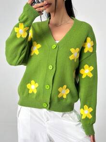 SHEIN Unity 女士花卉圖案落肩開襟衫 - 綠色 - 查看 7