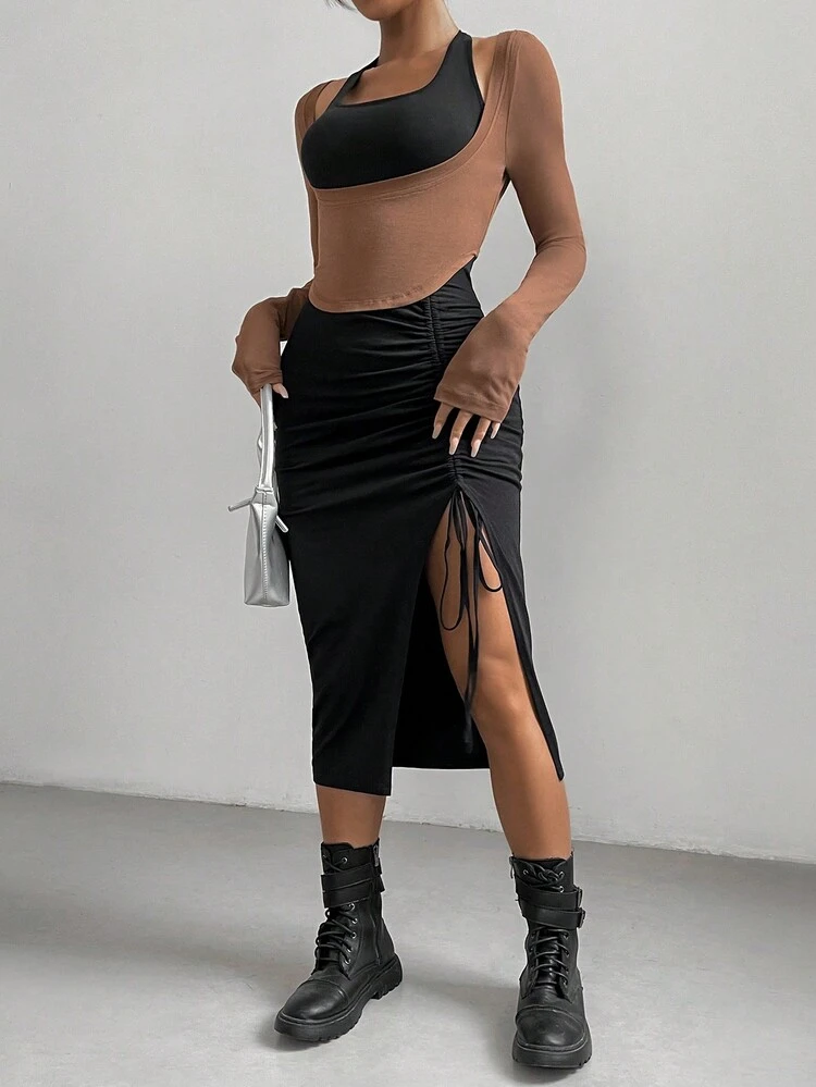 Drawstring Pleated Split Midi Dress And T-shirt Set