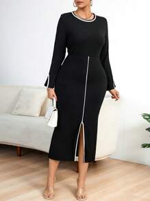 Celure 大尺碼拼接邊緣開叉下擺洋裝 - 黑色 - 查看 3