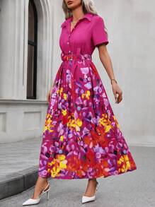 SHEIN Clasi Floral Printed Belted Shirt Dress - Hot Pink - View 6