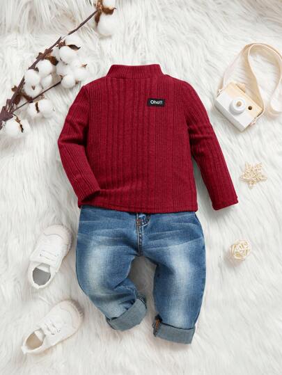 SHEIN Baby Boy Casual Knit Half Turtleneck Sweater With Letter Patchwork Design
