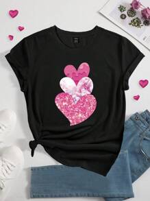 女款短袖粉紅心型印花圓領 T 卹 - 黑色 - 查看 1