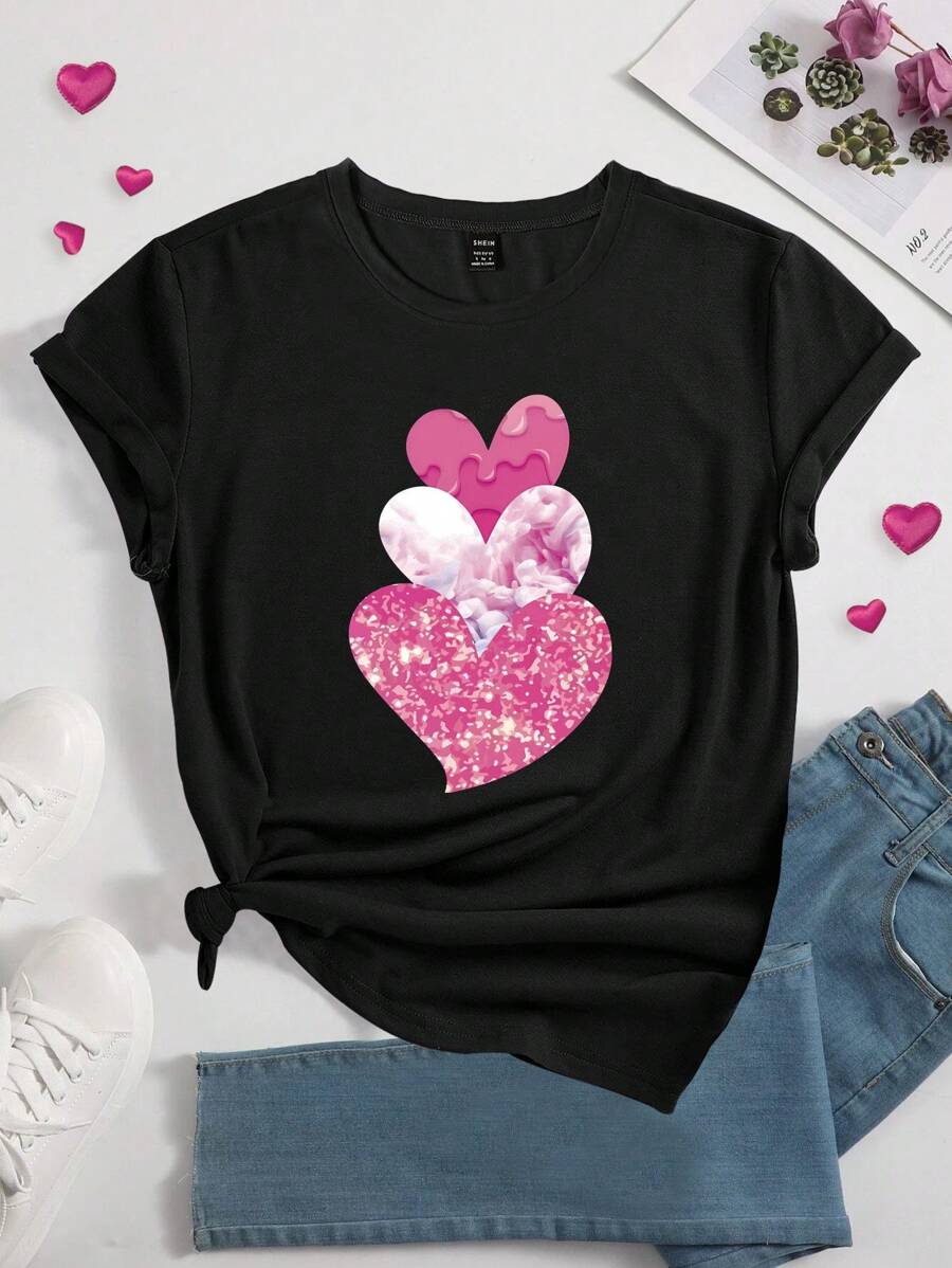 女款短袖粉紅心型印花圓領 T 卹 - 黑色 - 查看 1