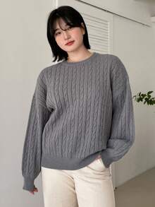 Dazy Petite Plus NỮ Màu thuần Vòng cổ Tay áo dài Áo chui đầu Áo len - Xám - Xem 3