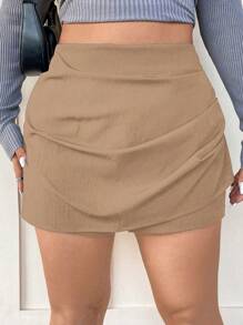 Flirla Váy xếp ly viền bất đối xứng cỡ lớn - Màu Khaki - Xem 3