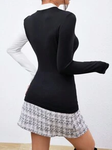 SHEIN Privé Black And White Color Block Long Sleeve Women's T-Shirt - Black and White - View 2