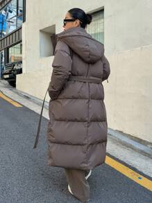 DAZY Women's Zippered Hooded Padded Coat With Belted Waist, Ladies Winter Casual Belted, Pocket, Zipper Regular Sleeve Hooded Regular Fit Mocha Brown Plain Women Padded Coats, Winter Warmth/ Winter Fashion ,Winter Women Clothes,Winter Coat Women - Mocha Brown - View 2