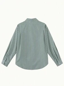 绿白条纹泡泡袖衬衫，复古宽松设计，小众上衣，适合日常穿着和通勤。 - 綠色 - 查看 3
