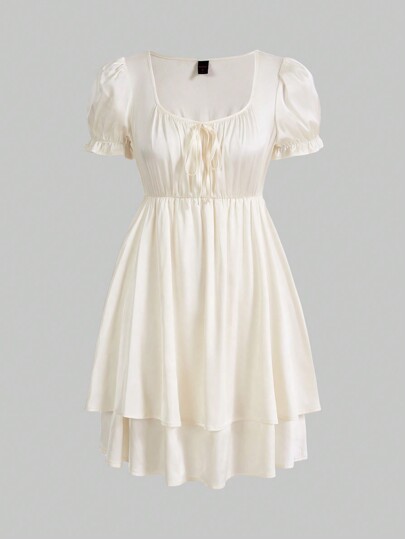 Kawaii Vestido Anudado Con Mangas Abullonadas Para Mujer