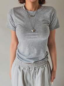 DAZY 女款圆领短袖T恤、短款上衣 - 灰色 - 查看 3