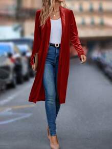 SHEIN Clasi Shawl Collar Open Placket Velvet Jacket - Red - View 5