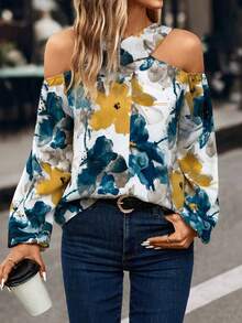 SHEIN Clasi Women's Cold Shoulder Floral Print Blouse - Blue - View 6