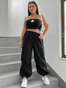SHEIN EZwear 女款黑色梭織工裝褲 - 黑色 - 查看 3