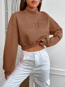 SHEIN EZwear 女用字母壓花立領超大落肩運動衫 - 咖啡棕 - 查看 1