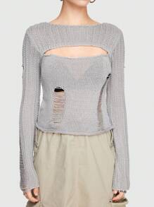 ROMWE Grunge Punk Thời gian rảnh rỗi Gợi cảm Thiết kế rỗng Đau khổ 2 trong1 Chặt Co giãn Của phụ nữ Áo len - Xám - Xem 2