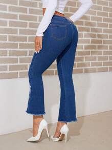 SHEIN Privé 帶剪邊裝飾的喇叭褲 - 深色水洗藍 - 查看 2