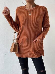 SHEIN Essnce 女式寬鬆落肩羅紋 T 卹 - 咖啡棕 - 查看 6