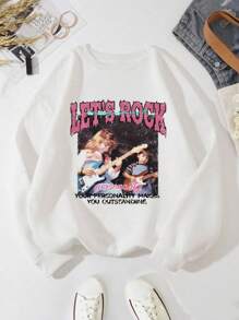 SHEIN EZwear 女款抓絨內裡連帽衫,帶有個性和標語印花 - 白色 - 查看 3