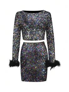 2pcs Women Solid Color Round Neck Long Sleeve Sequin Cropped Top And Bodycon Mini Skirt Fashion Set - Multicolor - View 4