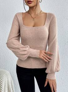 SHEIN Privé Cổ vuông Tay áo lồng đèn Áo len - Hồng - Xem 3