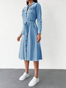 SHEIN Cottnline فستان دنيم جيب قلاب اكمام بشريط ملتف حزام - أزرق فاتح - مشاهدة 3