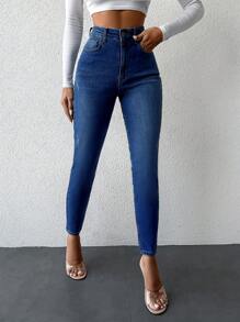 SHEIN PETITE Của phụ nữ Cao eo Thon gọn Quần jean - Rửa tối - Xem 1