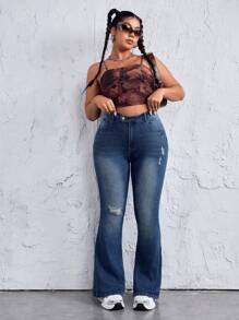 SHEIN EZwear Women's Plus Size Distressed Water Washing Flared Jeans - Dark Wash - View 3
