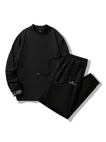 Manfinity Homme Men'S Plus Size Black Printed Sweatshirt And Pants Two Piece Set - Black - View 5