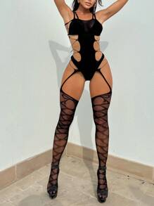 Sexy Sheer Mesh Hollow Out Bodysuit Lingerie Underwear Outer, Going Out - Black - View 1
