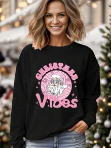 DEARCASE 粉紅色聖誕老人信件圖形印花下落肩毛衣,適用於秋冬季節 - 黑色 - 查看 1