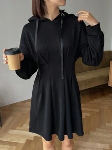 FRIFUL Women's Plain Drawstring Hooded Pleated Dress - Black - View 6