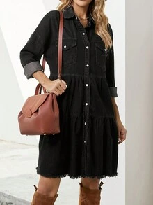 Vestidos De Mezclilla Cortos Con Botones, Manga Corta Con Volantes Y Bolsillos De Mujer - Negro - Ver 5