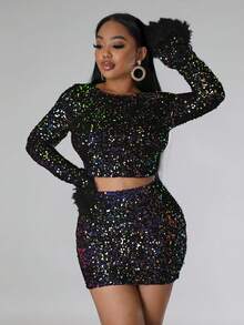 2pcs Women Solid Color Round Neck Long Sleeve Sequin Cropped Top And Bodycon Mini Skirt Fashion Set - Multicolor - View 6